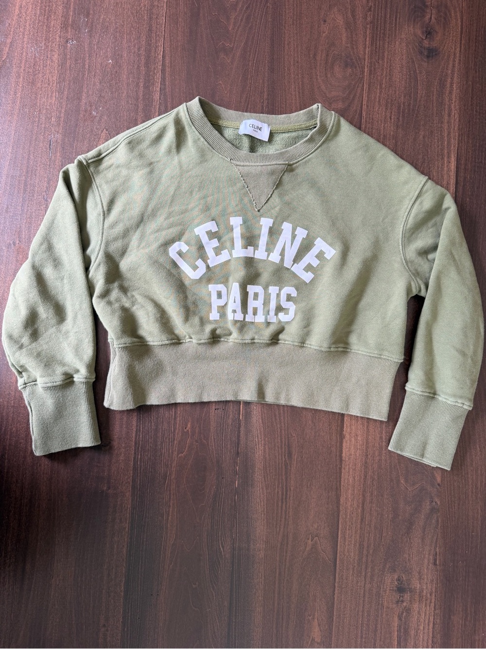 Celine Olive Green Logo Cropped Crewneck Sweater